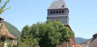 Klosterkirche in Lambrecht umgeben von Bäumen und Häusern